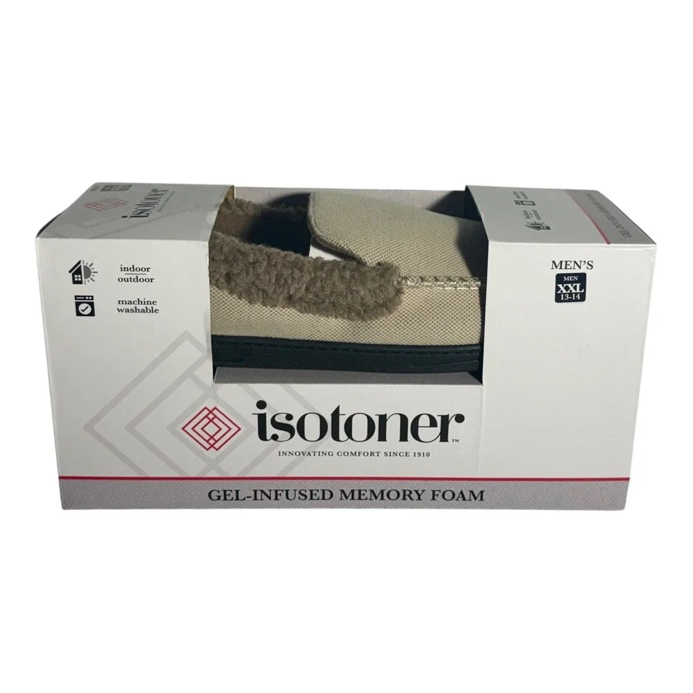 Isotoner Mens Brushed Knit or Plaid Lewis Moccasin Slipper‎ Stone XXL 13-14